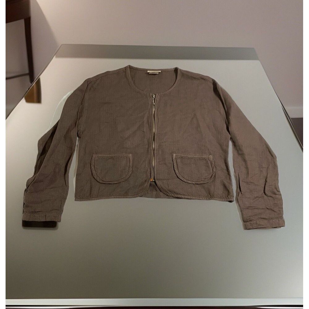 Kleen Linen Rayon‎ Blend S Full Zip Up Top Brown Long Sleeve Blouse Made In USA